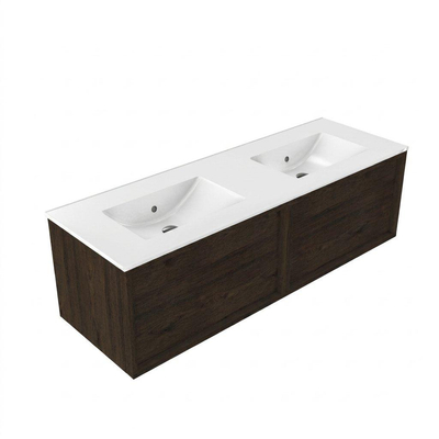 Saniclass Holz Frame Ensemble de meubles de salle de bains - 140x45x42cm - Lavabo Vygo en céramique blanc - 2 vasques - 2 trous de robinetterie - 2 tiroirs - chêne charcoal brillant (bois)