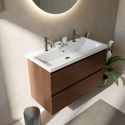 Saniclass Holz Pure Ensemble meuble de salle de bains - 100x45x63.5cm - Bari lavabo en céramique blanc - 1 vasque - 2 trous de robinetterie - 2 tiroirs - walnut pure mat (bois)
