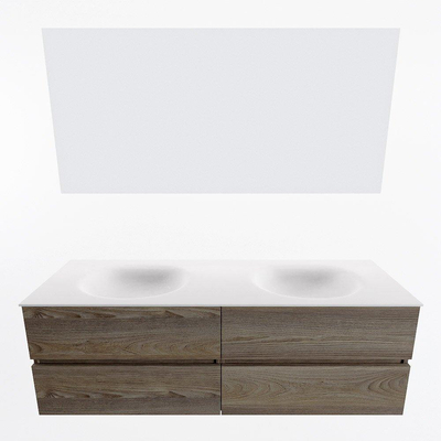 Mondiaz VICA ensemble de meuble de salle de bain - 150cm - meuble sous-vasque marron foncé gris - 4 tiroirs - lavabo lune double - 2 trous de robinet - couleur talc - miroir LED - version XL 60cm de haut