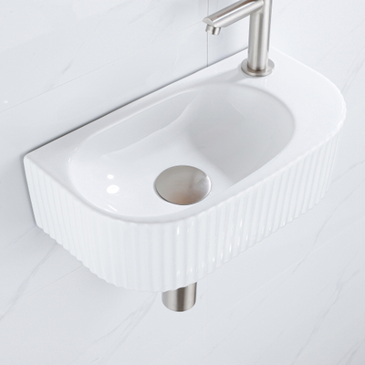Fugaflow Efficiente Ensemble Fontaine Pietra - 40x21,5x12 cm - droite - rainurée - demi-ronde - 1 trou de robinet - céramique - robinet de fontaine en acier inoxydable brossé - bouchon de vidange - siphon abaissé - blanc brillant