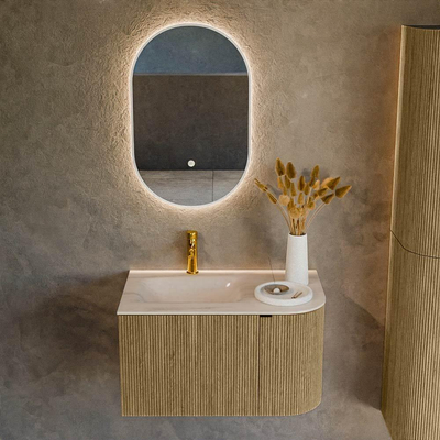 MONDIAZ KURVE-DLUX Meuble de salle de bains 75cm arrondi à droite couleur Dusk avec 1 tiroir et 1 porte. Lavabo GRUNNE à gauche 1 trou de robinet Meli.
