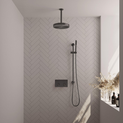 BRAUER Stripe Thermostatische Inbouw Regendouche - drukknoppen - 25cm douchekop - plafondarm - staaf handdouche - doucheslang - geïntegreerde glijstang - gunmetal geborsteld PVD