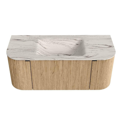 MONDIAZ KURVE-DLUX 110cm badmeubel ronding Links + Rechts kleur Oak met 1 lade en 2 deuren. Wastafel CLOUD Midden 1 kraangat Nata.
