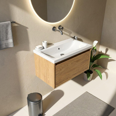 Saniclass Holz Frame Ensemble meuble de salle de bains - 80x45x43.5cm - lavabo en céramique Bari blanc - 1 vasque - sans trou de robinetterie - 1 tiroir - chêne naturel mat (bois)