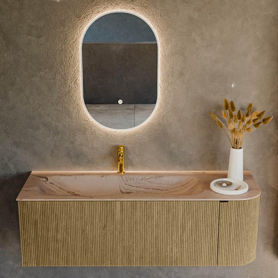 MONDIAZ KURVE-DLUX Meuble de salle de bains 135cm arrondi à droite couleur Dusk avec 1 tiroir et 1 porte. Lavabo BIG MEDIUM gauche 1 trou de robinet Arena.