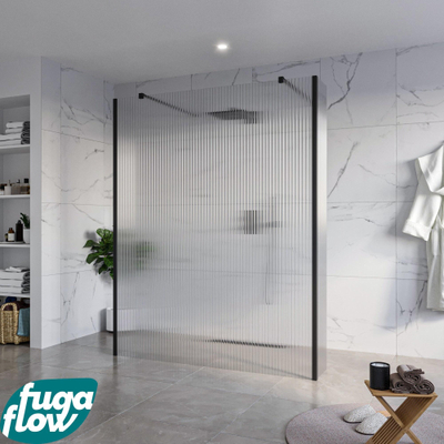 FugaFlow Eccelente Vetro Douche à l'italienne libre - 160x200cm - Clair strié - anti-calcaire - verre de sécurité 8mm - 2 parois latérales 30cm - avec bras muraux et profils d'angle - Noir mat -
