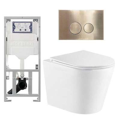 QeramiQ Dely Pack WC - 36,3x51,7cm - à fond creux - sans bride - réservoir encastré Geberit UP320 - abattant WC à fermeture douce - plaque de déclenchement en laiton brossé - boutons ronds - blanc mat