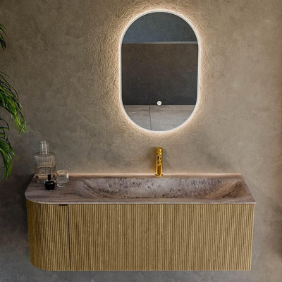 MONDIAZ KURVE-DLUX 125cm badmeubel ronding Links kleur Dusk met 1 lade en 1 deur. Wastafel BIG MEDIUM Rechts 1 kraangat Oza.