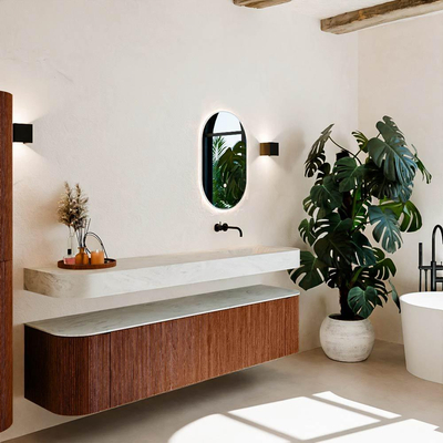 MONDIAZ THOR-DLUX 190cm meuble de salle de bains arrondi gauche + droite couleur Ruby avec 2 tiroirs et 2 portes. Vasque suspendue CLOUD Droite sans trou de robinet couleur Opalo.