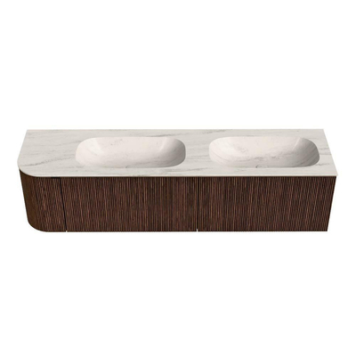 MONDIAZ KURVE-DLUX 175cm badmeubel ronding Links kleur Walnut met 2 lades en 1 deur. Wastafel STOR SMALL Dubbel / Rechts zonder kraangat Meli.