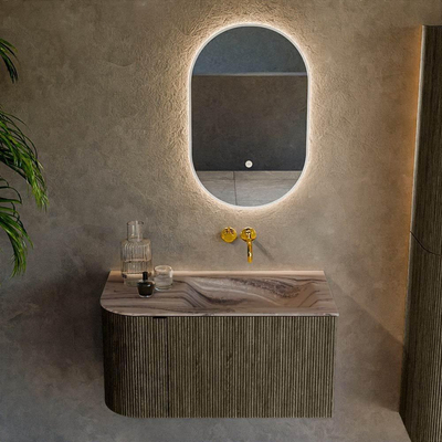 MONDIAZ KURVE-DLUX Meuble de salle de bains 85cm arrondi à gauche couleur Shadow avec 1 tiroir et 1 porte. Lavabo CLOUD à droite sans trou de robinet Sombra.
