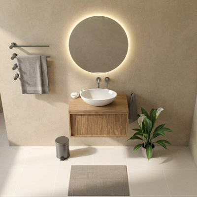 Saniclass Holz Frame Ensemble meuble de salle de bains - 80x45x43cm - Plan de toilette en pierre naturelle travertin - sans trou de robinetterie - 1 tiroir - chêne natural mat (bois)