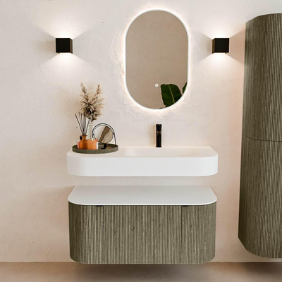 MONDIAZ THOR 100cm meuble de salle de bains arrondi gauche + droite couleur Shadow avec 1 tiroir et 2 portes. Vasque suspendue CLOUD Droite 1 trou de robinet couleur Talc.