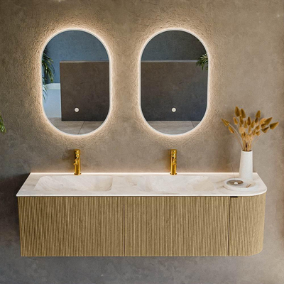 Mondiaz KURVE-DLUX Ensemble de meuble - 155x46x40cm - 2 tiroirs - 1 porte - lavabo en solid surface - double / gauche - 2 trous de robinet - Dusk