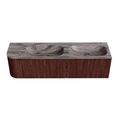MONDIAZ KURVE-DLUX meuble de salle de bains 165cm arrondi à gauche couleur Ruby avec 2 tiroirs et 1 porte. Lavabo STOR SMALL Double / Bol à droite 2 trous de robinet Sombra.