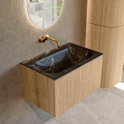 MONDIAZ KURVE-DLUX 70cm badmeubel kleur Oak met 1 lade. Wastafel BIG SMALL midden zonder kraangat kleur Lava.