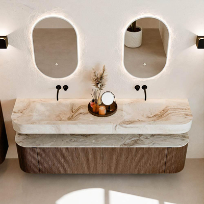MONDIAZ THOR-DLUX 190cm badmeubel ronding links + rechts kleur Walnut met 2 lades en 2 deuren. Vrijhangende wastafel CLOUD Dubbel zonder kraangat kleur Frappe.