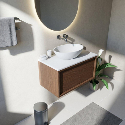 Saniclass Holz Frame Ensemble meuble de salle de bains - 80x45x42.5cm - Plan de travail Torino en solid surface blanc - sans trou de robinet - 1 tiroir - walnut pure mat (bois)