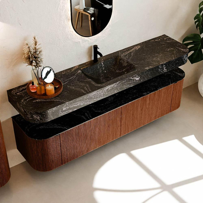 MONDIAZ THOR-DLUX 190cm meuble de salle de bains arrondi gauche + droite couleur Ruby avec 2 tiroirs et 2 portes. Vasque suspendue CLOUD Milieu 1 trou de robinet couleur Lava.