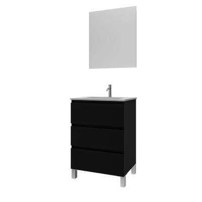 Saniclass Chaci PLUS Meuble de salle de bain - 60x86x46cm - lavabo en céramique blanc - 1 vasque ovale - 1 trou de robinet - 3 tiroirs - miroir rectangulaire - noir mat