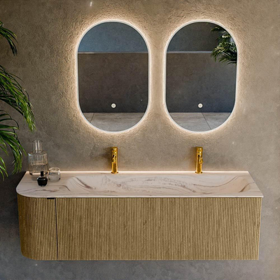 MONDIAZ KURVE-DLUX Meuble de salle de bains 145cm arrondi Gauche couleur Dusk avec 1 tiroir et 1 porte. Lavabo BIG LARGE Droite 2 trous de robinet Nata.