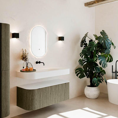 MONDIAZ THOR 120cm meuble de salle de bains arrondi gauche + droite couleur Shadow avec 1 tiroir et 2 portes. Vasque suspendue CLOUD Milieu sans trou de robinet couleur Talc.