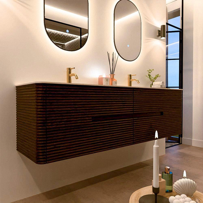 Mondiaz CIRO-DLUX Badkamermeubelset - 170x45x50cm - Solid surface wastafel Meli - 2 wasbak Dubbel - 2 kraangaten - 4 lades - Walnut