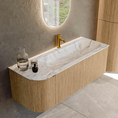 MONDIAZ KURVE-DLUX Meuble de salle de bains 125 cm avec module 25 L couleur Chêne avec 1 tiroir et 1 porte. Lavabo BIG MEDIUM à droite 1 trou de robinet couleur Glace.