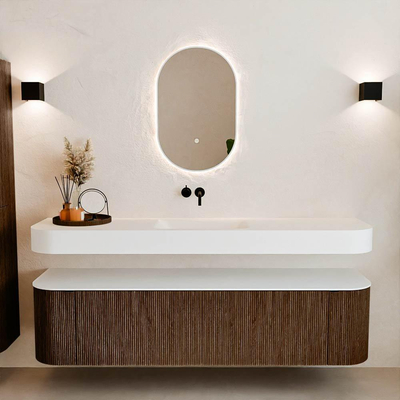 MONDIAZ THOR 180cm meuble de salle de bains arrondi gauche + droite couleur Walnut avec 2 tiroirs et 2 portes. Vasque suspendue CLOUD Milieu sans trou de robinet couleur Talc.