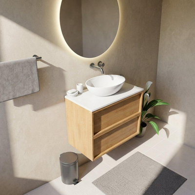 Saniclass Holz Frame Ensemble de meuble de salle de bains - 80x45x62.5cm - plan de toilette Torino en solid surface blanc - sans trou de robinetterie - 2 tiroirs - chêne natural mat (bois)