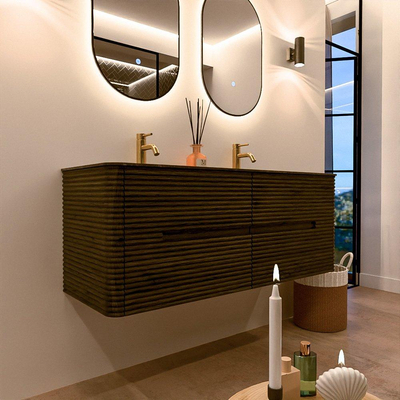 Mondiaz CIRO-DLUX Meuble de salle de bains - 130x45x50cm - Lavabo solid surface Lava - 2 vasques Double - 2 trous de robinet - 4 tiroirs - Shadow