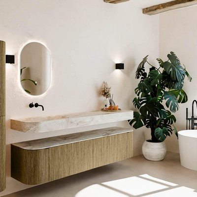 MONDIAZ THOR-DLUX Meuble de salle de bains 190cm arrondi gauche + droite couleur Dusk avec 2 tiroirs et 2 portes. Vasque suspendue CLOUD Gauche sans trou de robinet couleur Frappe.