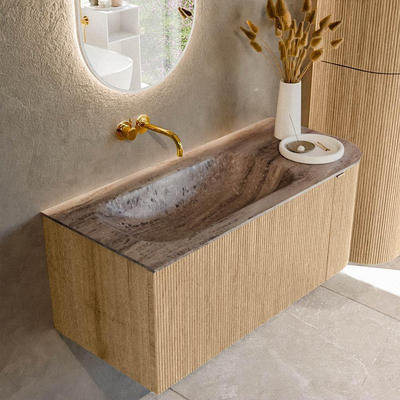 MONDIAZ KURVE-DLUX Meuble de salle de bains 105cm courbe Droite couleur Chêne avec 1 tiroir et 1 porte. Lavabo BIG SMALL Gauche sans trou de robinet Oza.