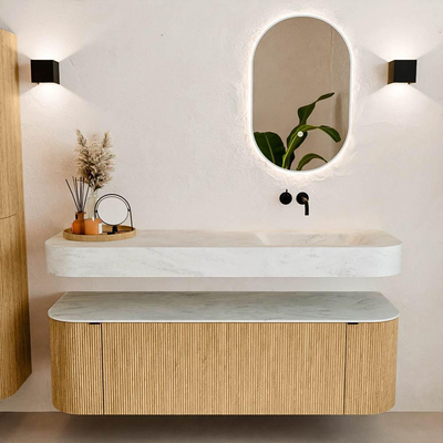 MONDIAZ THOR-DLUX 150cm badmeubel ronding links + rechts kleur Oak met 1 lade en 2 deuren. Vrijhangende wastafel CLOUD Rechts zonder kraangat kleur Opalo.