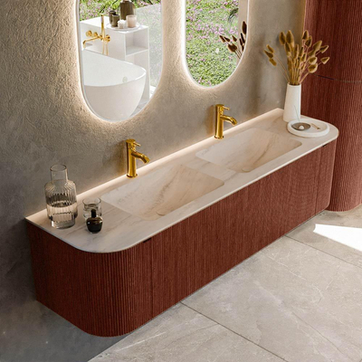 MONDIAZ KURVE-DLUX 170cm meuble de salle de bains arrondi Gauche + Droite couleur Ruby avec 1 tiroir et 2 portes. Lavabo LEAF Double 2 trous de robinet Meli.