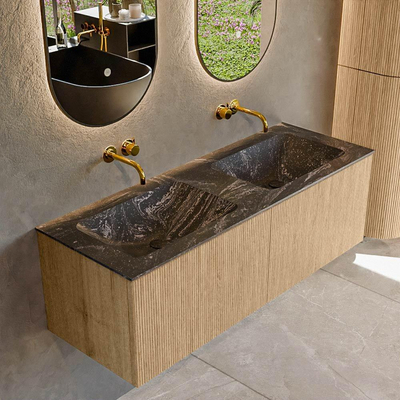 MONDIAZ KURVE-DLUX 130cm Meuble salle de bain - couleur Oak - 2 tiroirs - vasque LEAF double - sans trou de robinet - couleur Lava