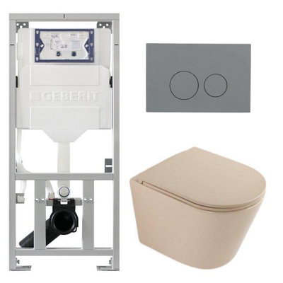 QeramiQ Dely Pack WC - 36,3x51,7cm - à fond creux - sans bride - réservoir WC attenant Geberit UP320 - abattant WC à fermeture douce - plaque de déclenchement gris clair - boutons ronds - beige mat