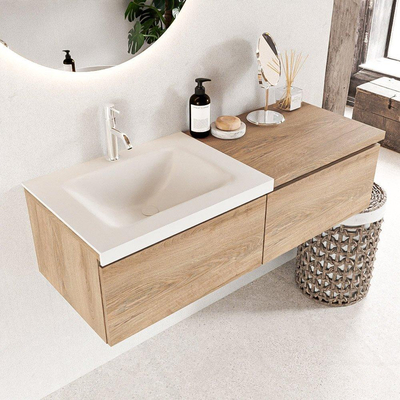 MONDIAZ BUKLA meuble de salle de bains 120 cm avec module 60 couleur Chêne lavé avec 2 tiroirs. Lavabo CLOUD gauche 1 trou de robinet couleur Talc.