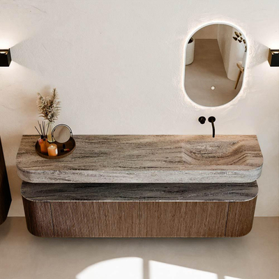 MONDIAZ THOR-DLUX 190cm badmeubel ronding links + rechts kleur Walnut met 2 lades en 2 deuren. Vrijhangende wastafel CLOUD Rechts zonder kraangat kleur Oza.