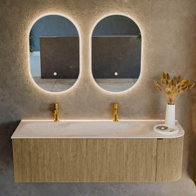 MONDIAZ KURVE-DLUX Meuble de salle de bains 145 cm arrondi à droite couleur Dusk avec 1 tiroir et 1 porte. Lavabo BIG LARGE à gauche 2 trous de robinet Meli.