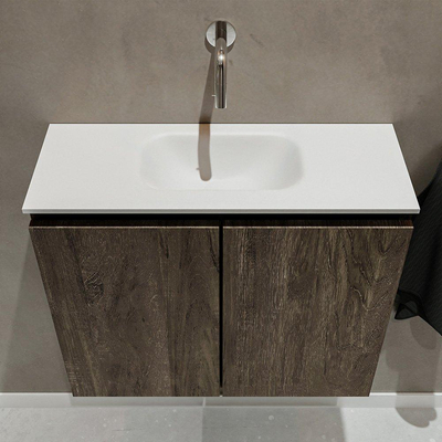 MONDIAZ TURE Fonteinset - 60x23x50cm - 0 kraangaten - 2 deuren - dark brown mat - Wasbak midden - Solid Surface Wit