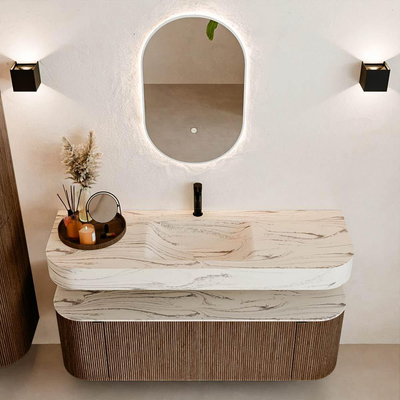 MONDIAZ THOR-DLUX 140cm badmeubel ronding links + rechts kleur Walnut met 1 lade en 2 deuren. Vrijhangende wastafel CLOUD Midden 1 kraangat kleur Nata.