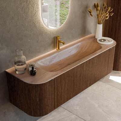 MONDIAZ KURVE-DLUX Meuble de salle de bains 150cm arrondi à gauche + à droite couleur Walnut avec 1 tiroir et 2 portes. Lavabo BIG MEDIUM Central 1 trou de robinet Saba.