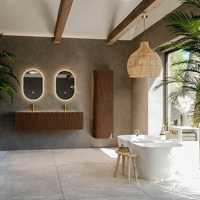 MONDIAZ KURVE-DLUX Meuble de salle de bains 150cm couleur Walnut avec 2 tiroirs et 0 porte. Lavabo STOR SMALL Double 2 trous de robinet Sombra.