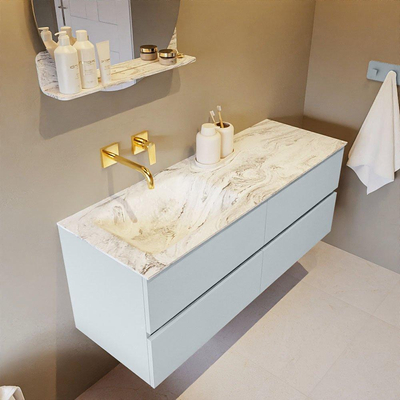 Mondiaz VICA-DLUX ensemble de meuble de salle de bain - 130cm - meuble sous-vasque argile - 4 tiroirs - lavabo encastré nuage gauche - sans trous de robinet - version haute de 60cm - glace