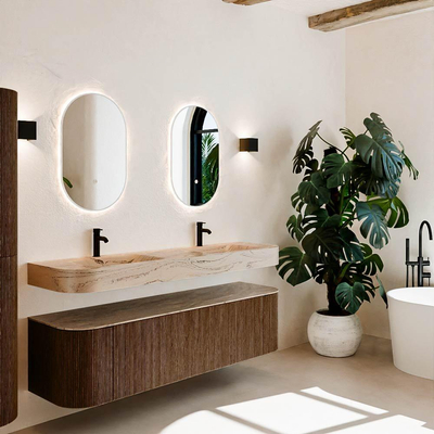 MONDIAZ THOR-DLUX 170cm meuble de salle de bains arrondi gauche + droite couleur Walnut avec 1 tiroir et 2 portes. Vasque suspendue CLOUD Double 2 trous de robinet couleur Arena.