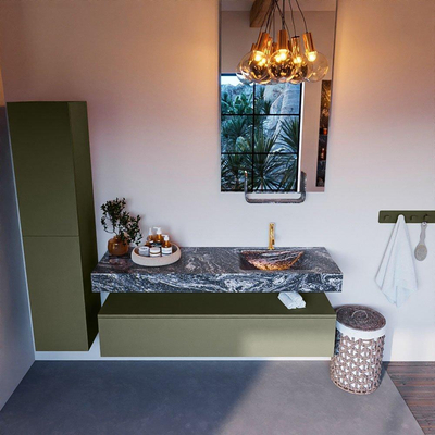 Mondiaz ALAN-DLUX Ensemble de meuble - 150cm - meuble Army mat - 1 tiroir - Lavabo Cloud Lava suspendu - vasque Droite - 1 trou de robinet
