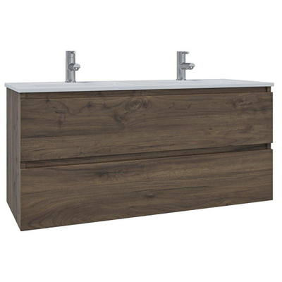 Saniclass Chaci Ensemble meuble de salle de bains - 120x46x55cm - lavabo en céramique blanc - 2 vasques - 2 trous de robinet - 2 tiroirs - miroir rond avec éclairage - noyer (bois)