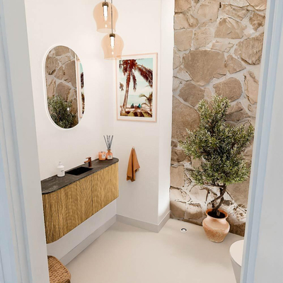 Mondiaz JOYA-DLUX 103.2cm toiletmeubel - ronding links en rechts kleur Oak - Wastafel FAYE positie Midden 1 kraangat kleur Lava.