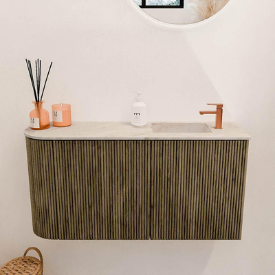 Mondiaz JOYA-DLUX 81.6cm toiletmeubel - ronding links kleur Dusk - Wastafel FAYE positie Rechts 1 kraangat kleur Frappe.